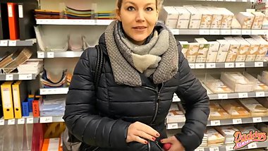 German Blonde in Black Down Jacket Squirting