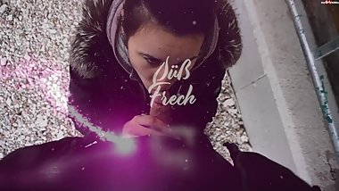 German Brunette in Black Jacket and Fur Hood Sex