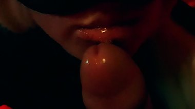 Shy girl in mask cat is learning make blowjob very gentle slobbering mouth